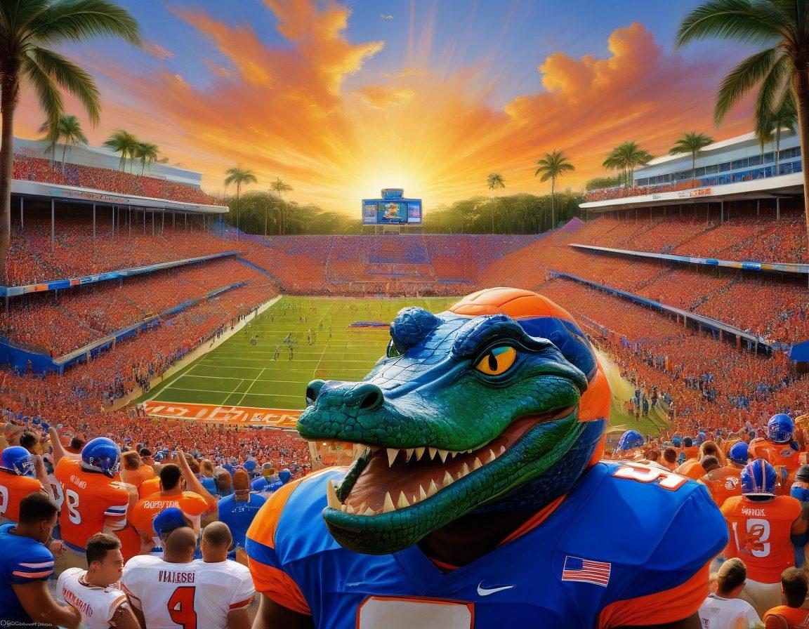 A vibrant scene of a Florida Gators football game, capturing the energetic crowd in Gator blue and orange. Key highlights like an intense play on the field, a marching band in action, and emotional fans celebrating a victory. Background elements featuring iconic Florida landmarks to represent the state's culture. Bright, cheerful colors highlighting the excitement of college sports rivalries. super-realistic. vibrant colors. dynamic composition.