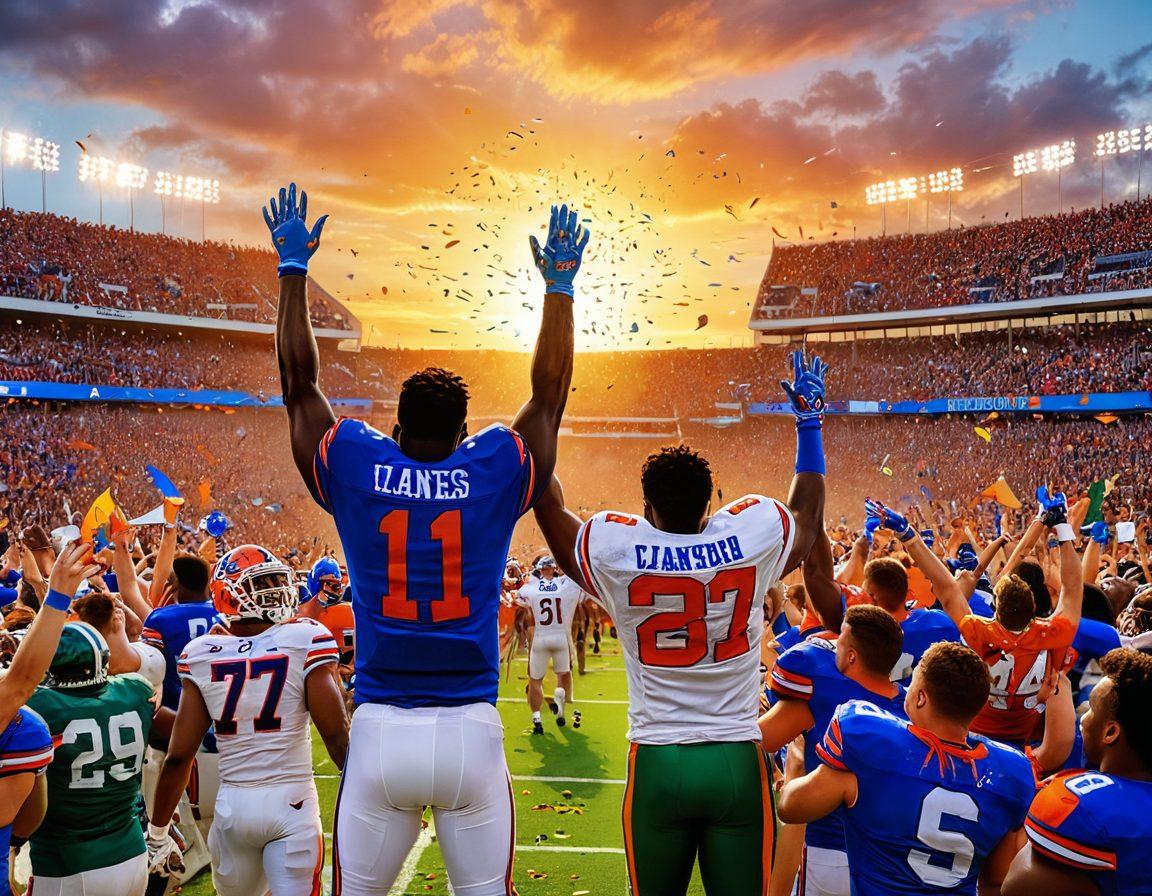 A dynamic scene capturing the essence of college sports, featuring enthusiastic fans clad in Gators' colors, vibrant banners waving, and a football field in the background. Showcase unforgettable moments, like a player making a game-winning touchdown, surrounded by cheering crowds. Incorporate elements like confetti and a sunset sky to enhance the celebratory atmosphere. colorful illustration. energetic style. vibrant colors.