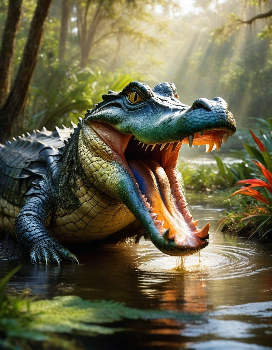 A dynamic scene showcasing a fierce alligator bursting out of a swamp, with a football in its mouth, symbolizing the Florida Gators' rise to prominence. In the background, vibrant SEC colors and logos create a celebratory atmosphere with cheering fans in a stadium setting. Sunlight breaks through the tree canopy, illuminating the scene. Energy and determination radiate from the alligator, embodying the team's spirit. watercolor style. bright colors. dramatic lighting.